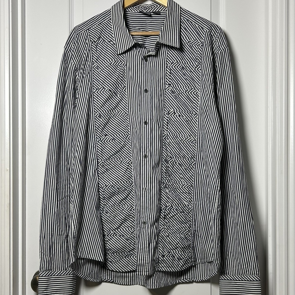Armani Exchange AX Navy Geometric Multi-Directional Stripe Cotton Dress Shirt